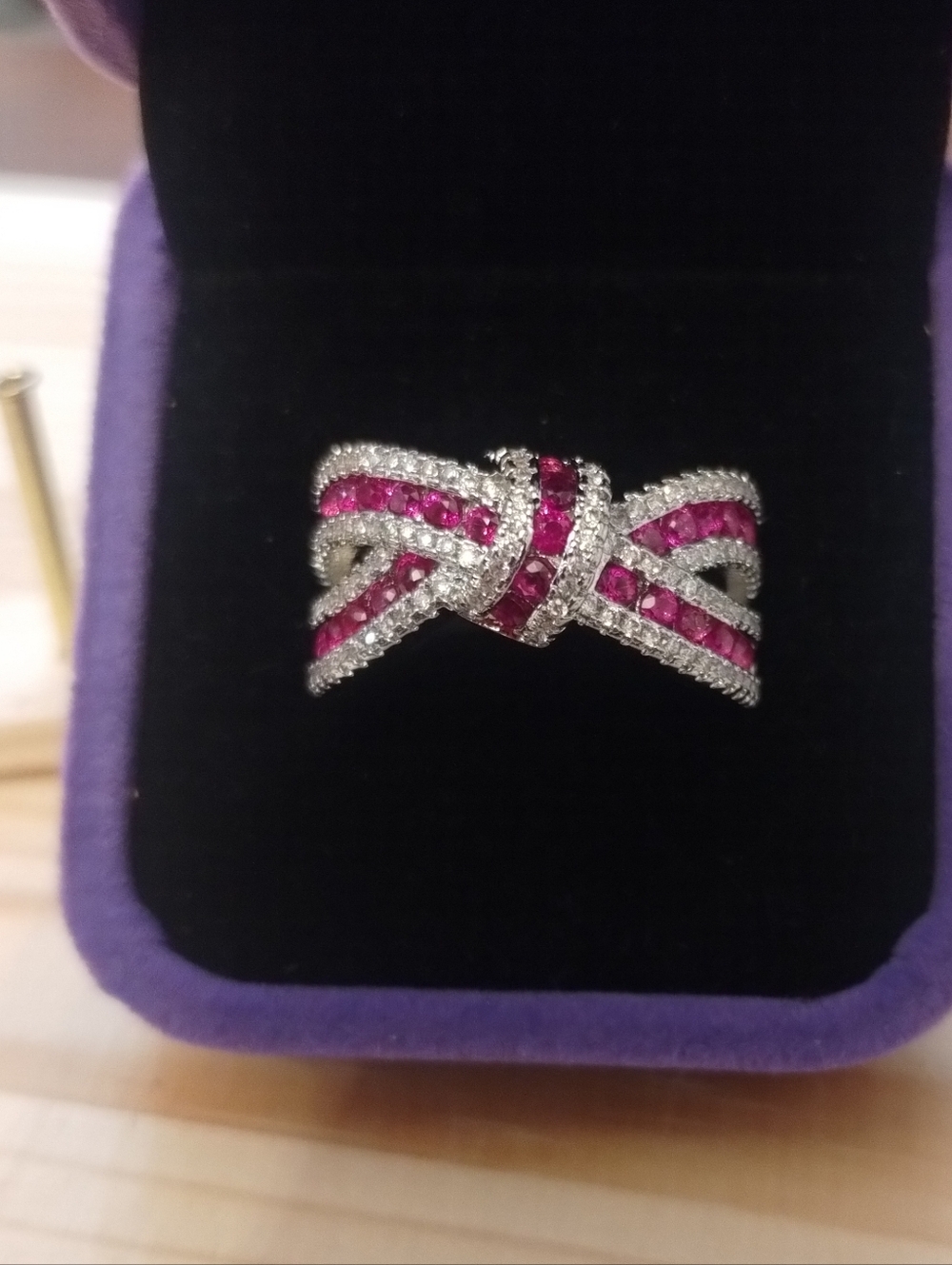 New Size 9 Pink CZ Bow Knot Ring Silver Tone Statement Ring Glam Fashion Jewelry